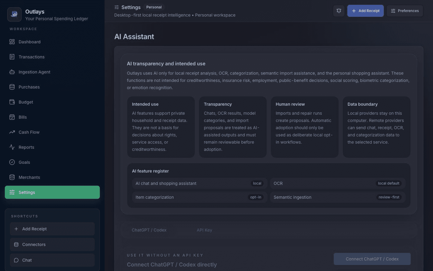 Outlays settings for local and remote AI providers