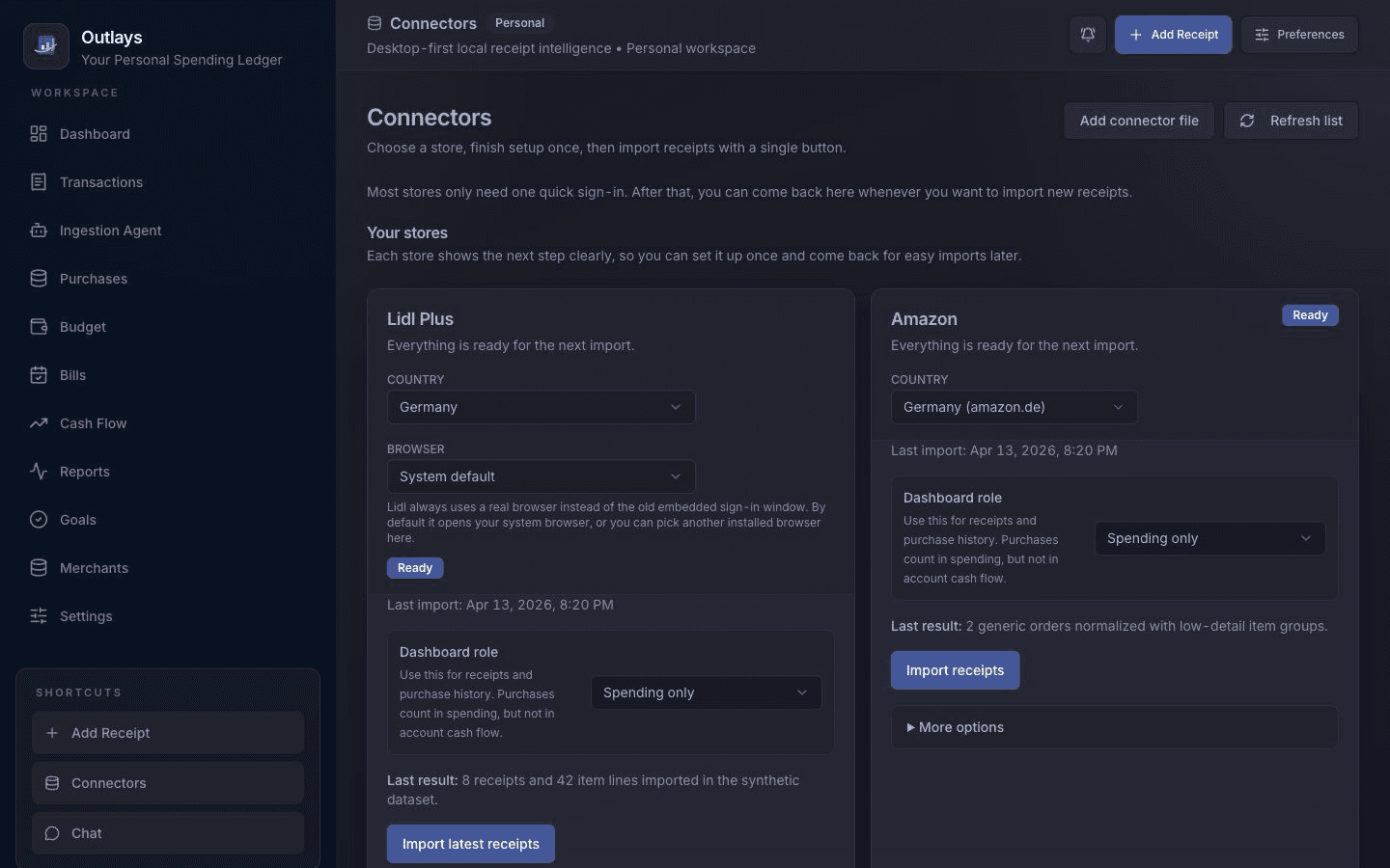 Outlays connector overview with installed and available sources