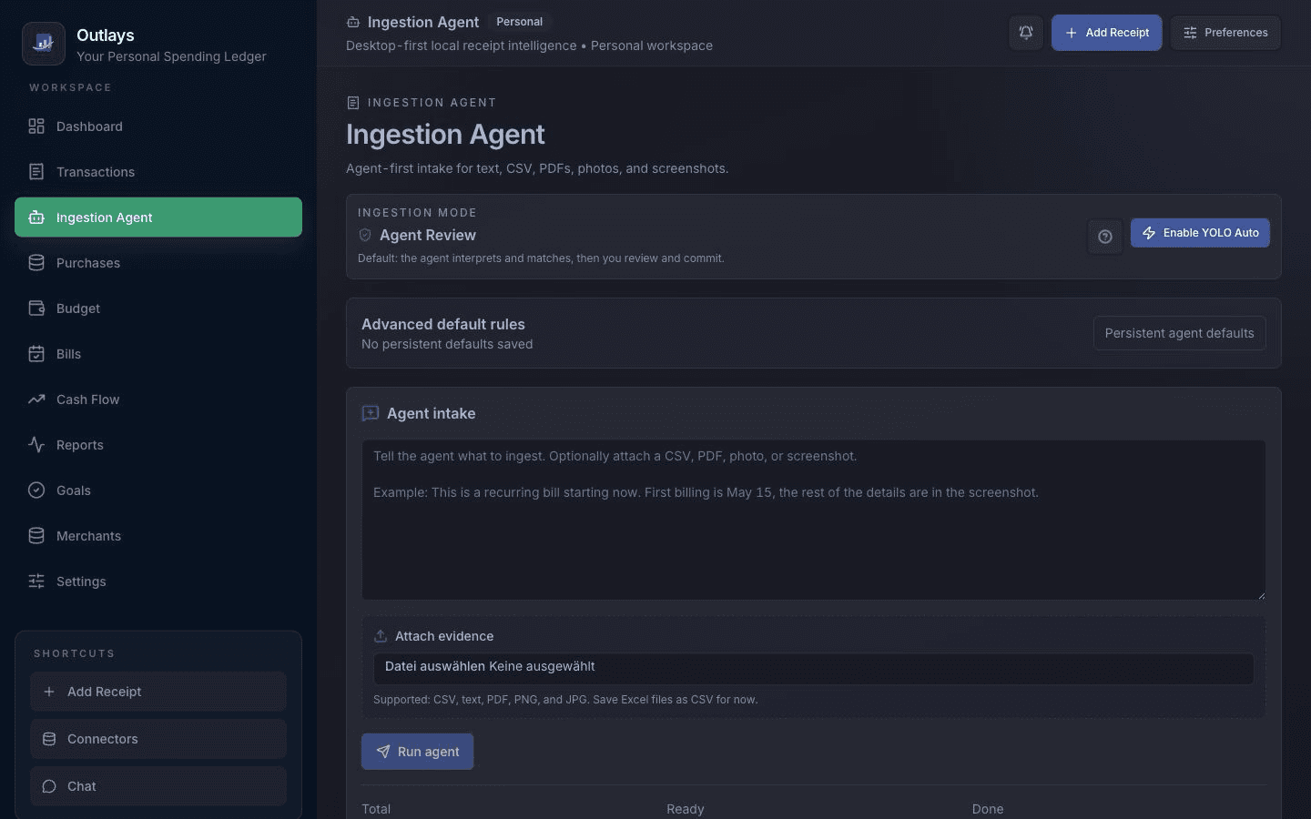 Outlays ingestion agent with proposals and source context