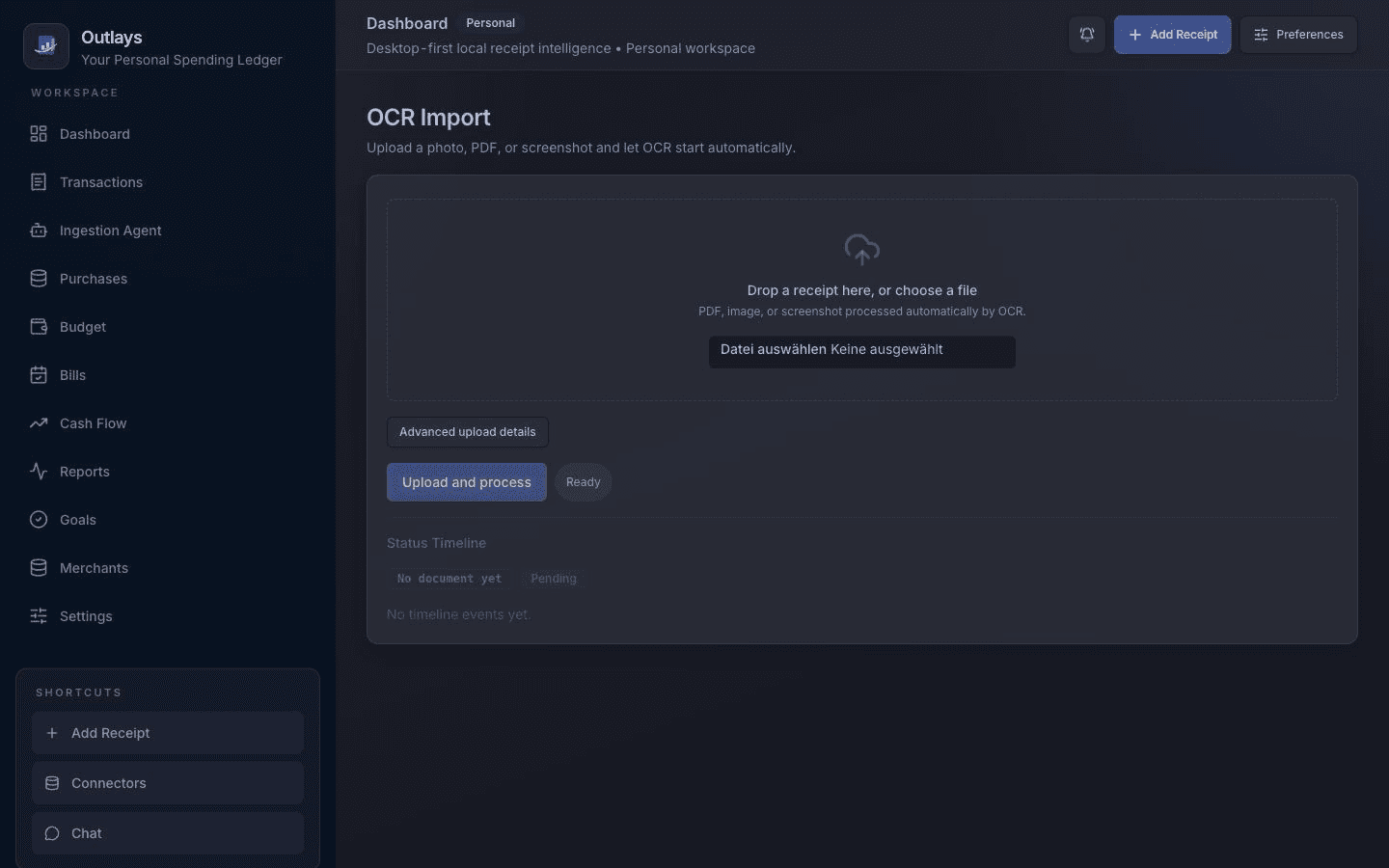 Outlays OCR import with document preview and recognised fields