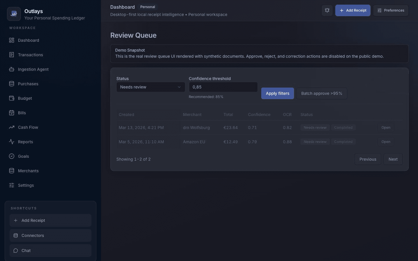 Outlays review queue with status, confidence, and proposed changes